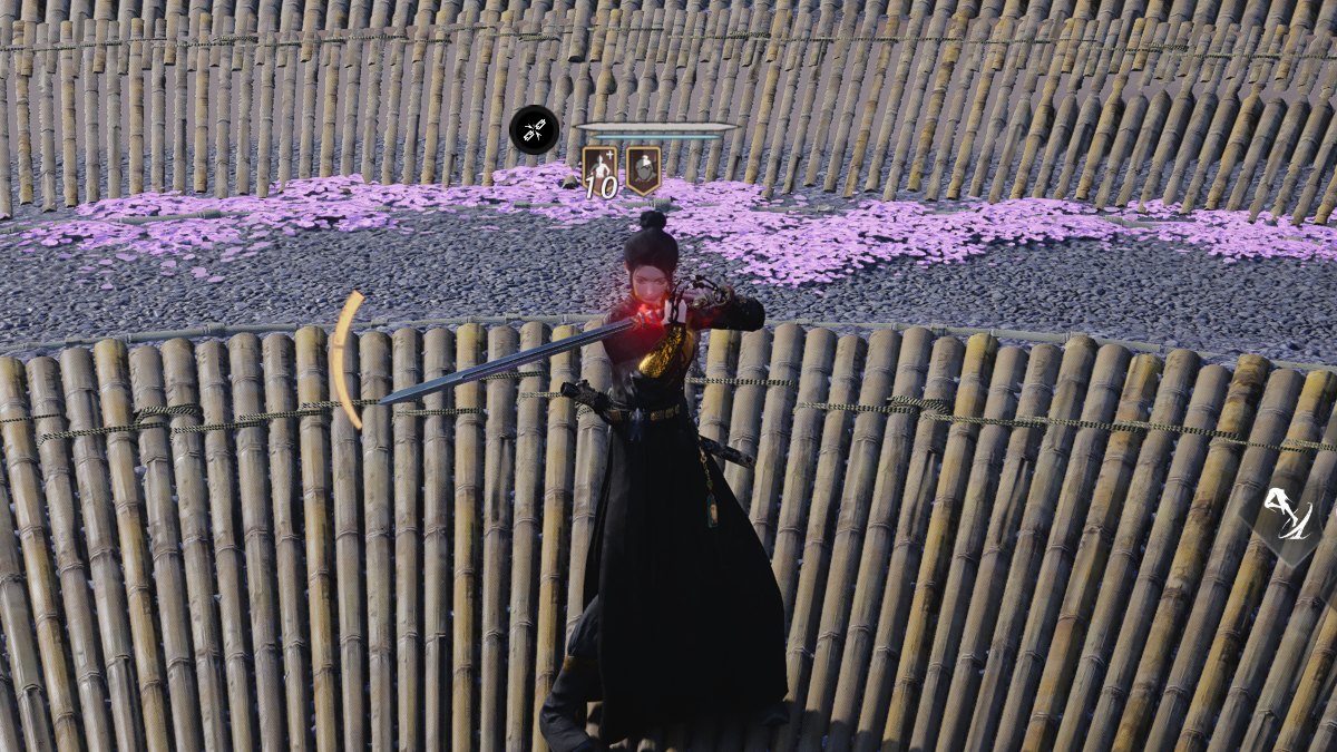 Opponent in a blocking pose, sword held across the body